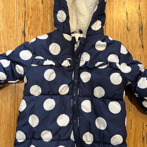 Snowsuit Polka Dot Navy with ruffle detail and ears on hood - Picture 3 of 9